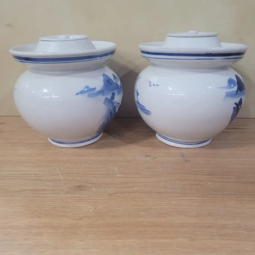 2 Vtg Chinese Blue White Dragon Chinoiserie Jar Vase Peoples Republic of China